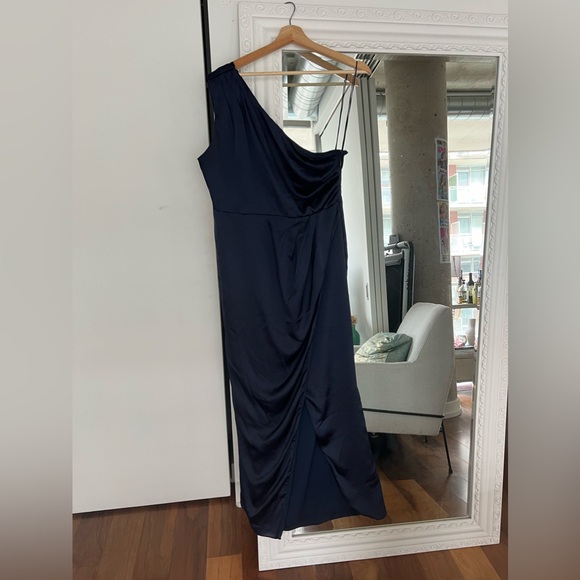 One shoulder satin navy maxi dress (altered/hemmed) - Picture 4 of 9